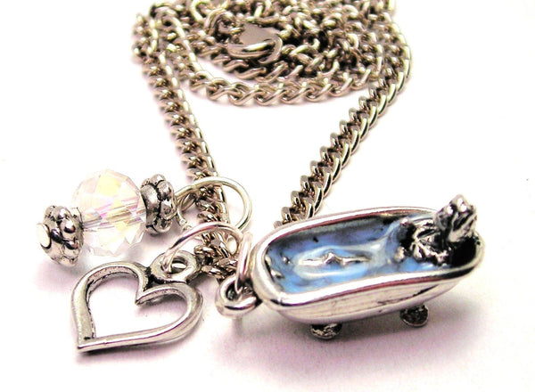 Girl In Tub Blue Water Necklace with Small Heart