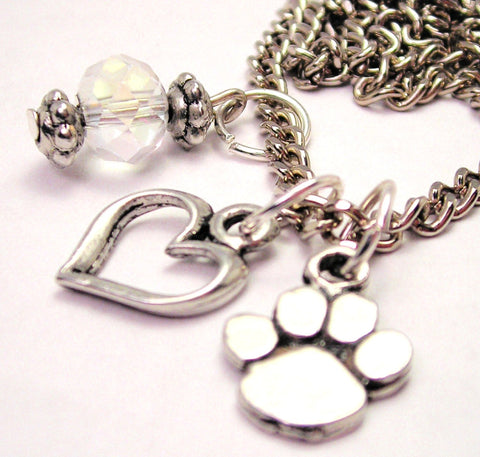 Small Paw Print Necklace with Small Heart