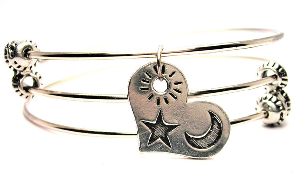 Heart With Sun Moon And Star Triple Style Expandable Bangle Bracelet