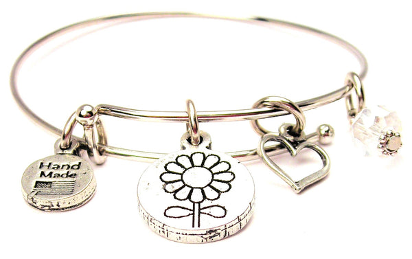 Small Flower In Circle Bangle Bracelet