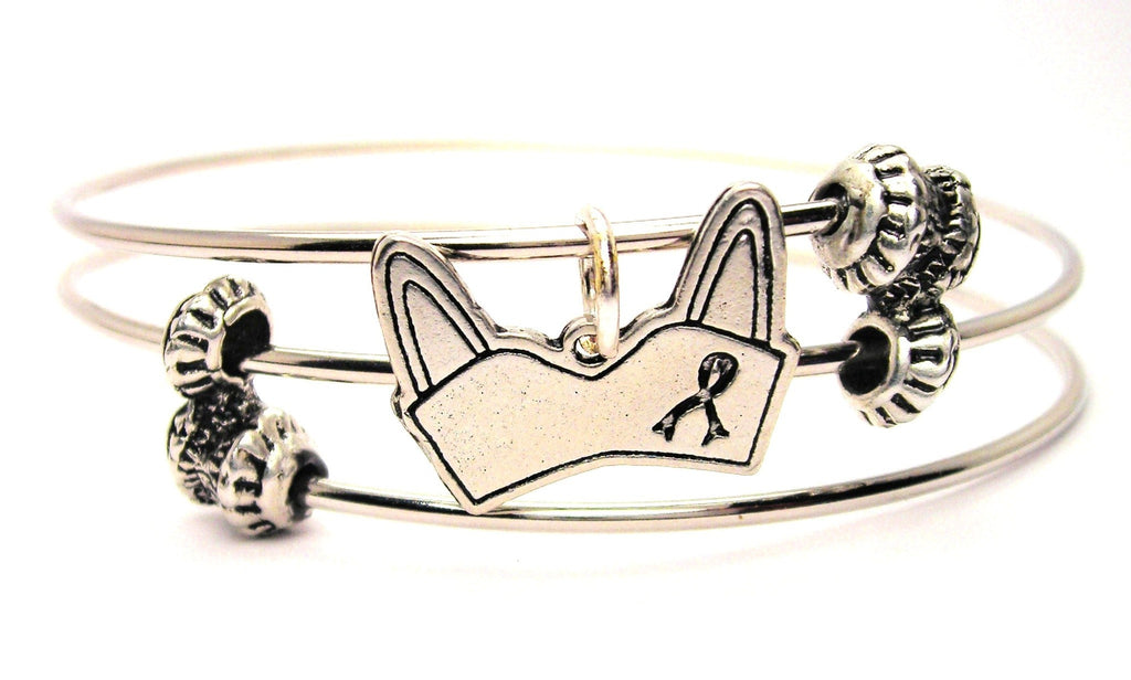 Breast Cancer Ribbon Awareness Bra Triple Style Expandable Bangle Bracelet  - American Made Pewter Bracelets from Chubby Chico Charms
