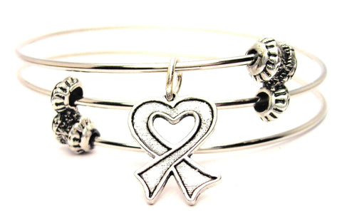 Heart Shaped Awareness Ribbon Triple Style Expandable Bangle Bracelet