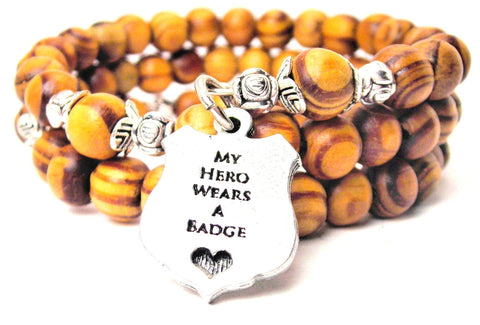 My Hero Wears A Badge Natural Wood Wrap Bracelet