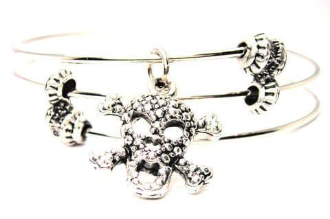 Skull And Crossbones Open Jaw Heart Nose Triple Style Expandable Bangle Bracelet