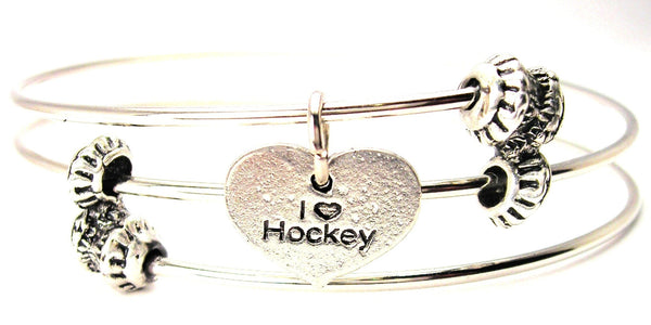 I Love Hockey Heart Triple Style Expandable Bangle Bracelet