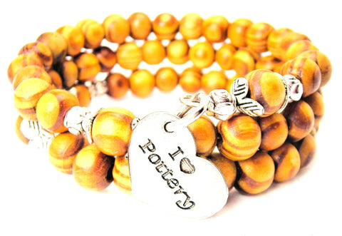 I Love Pottery Heart Natural Wood Wrap Bracelet