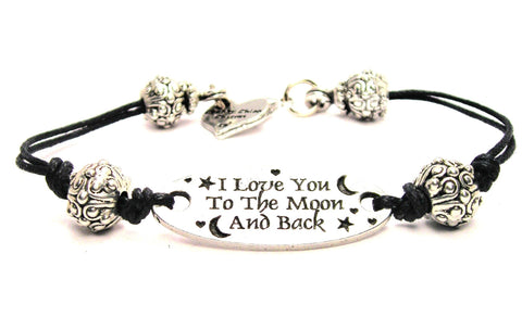 I Love You To The Moon And Back Pewter Black Cord Connector Bracelet