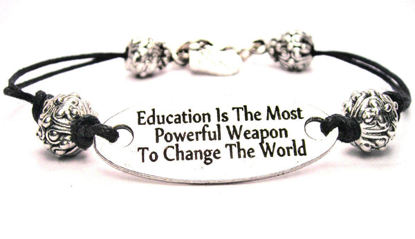 Education Is The Most Powerful Weapon To Change The World Pewter Black Cord Connector Bracelet