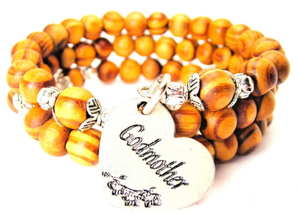 Godmother Heart With Flowers Natural Wood Wrap Bracelet