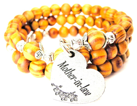 Mother-In-Law Heart With Flowers Natural Wood Wrap Bracelet