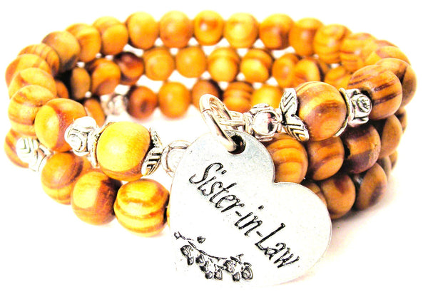 Sister-In-Law Heart With Flowers Natural Wood Wrap Bracelet
