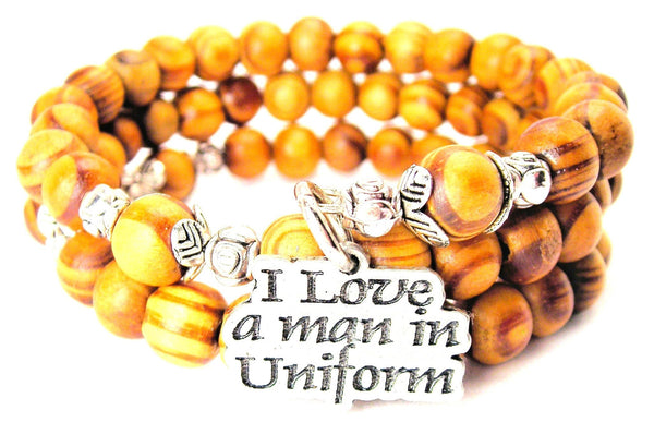 I Love A Man In Uniform Natural Wood Wrap Bracelet