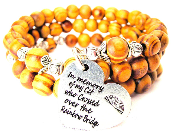 I Memory Of My Cat Who Crossed Over The Rainbow Bridge Natural Wood Wrap Bracelet