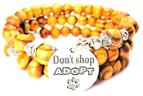 Don't Shop Adopt With Paw Print Natural Wood Wrap Bracelet
