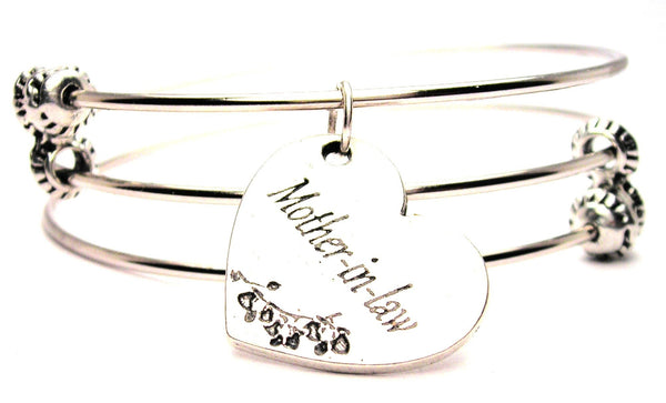 Heart Shaped Mother-In-Law With Flower Triple Style Expandable Bangle Bracelet
