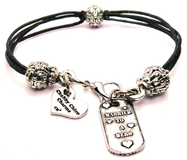 Married To A Hero Dog Tag Beaded Black Cord Bracelet
