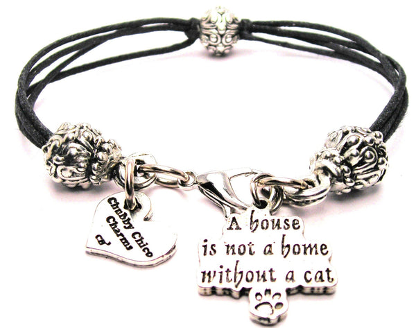 A House Is Not A Home Without A Cat Beaded Black Cord Bracelet