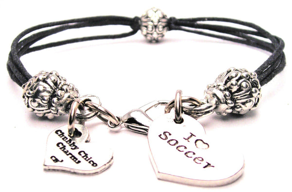 I Love Soccer Heart Beaded Black Cord Bracelet