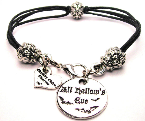 All Hallows Eve Circle With Bats Beaded Black Cord Bracelet