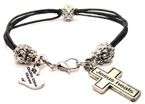 Cross Jesus Heals Beaded Black Cord Bracelet