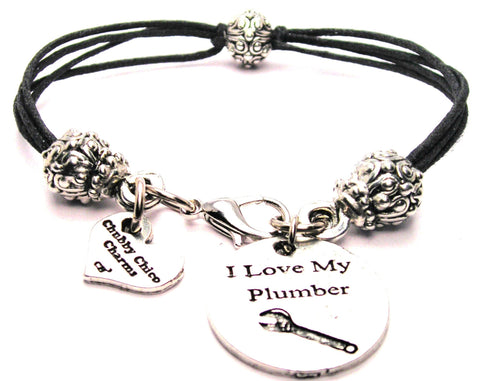 I Love My Plumber Beaded Black Cord Bracelet