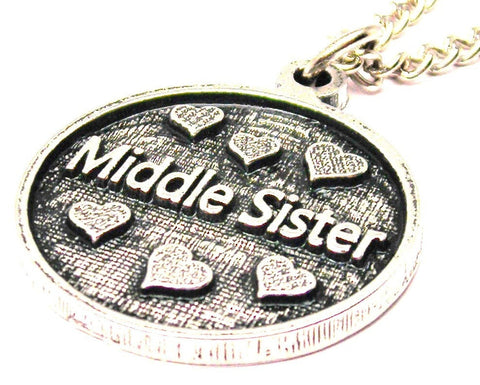 Middle Sister With Hearts Circle Single Charm Necklace