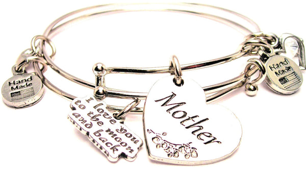 Mother Heart Expandable Bangle Bracelet with The I Love You To The Moon And Back Expandable Bangle Bracelet