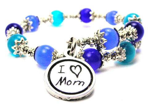 I Love Mom In Child Handwriting Cat's Eye Beaded Wrap Bracelet