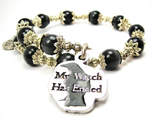 Black My Watch Has Ended Hand Painted Cat's Eye Beaded Wrap Bracelet