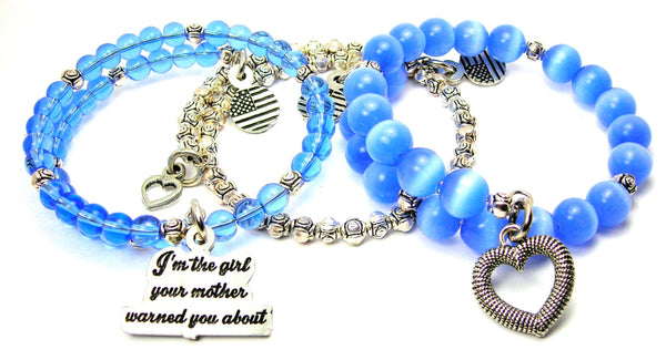 I'm The Girl Your Mother Warned You About 3 Piece Wrap Bracelet Set Cats Eye Glass And Pewter