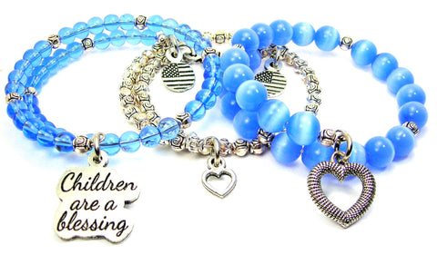 Children Are A Blessing 3 Piece Wrap Bracelet Set Cats Eye Glass And Pewter