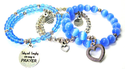 Today And Everyday We Say A Prayer 3 Piece Wrap Bracelet Set Cats Eye Glass And Pewter