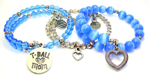 T-Ball Mom 3 Piece Wrap Bracelet Set Cats Eye Glass And Pewter