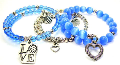 Love With Volleyball O 3 Piece Wrap Bracelet Set Cats Eye Glass And Pewter
