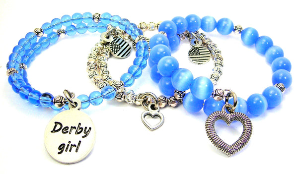 Derby Girl 3 Piece Wrap Bracelet Set Cats Eye Glass And Pewter