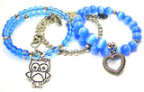 Cute Little Owl With Bow 3 Piece Wrap Bracelet Set Cats Eye Glass And Pewter