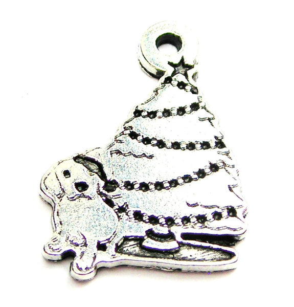 Puppy Under The Christmas Tree Genuine American Pewter Charm