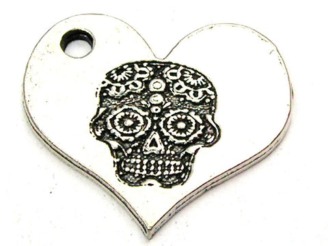 Sugar Skull In Heart Genuine American Pewter Charm