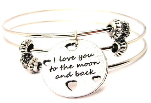 I Love You To The Moon And Back With Hearts Triple Style Expandable Bangle Bracelet