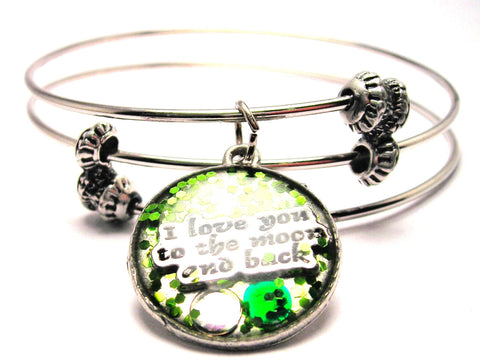 Glitter Resin I Love You To The Moon And Back Triple Style Expandable Bangle Bracelet