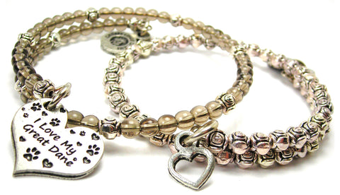 I Love My Great Dane Heart Delicate Glass And Roses Wrap Bracelet Set