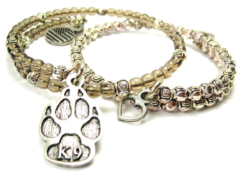 K9 Paw Print Delicate Glass And Roses Wrap Bracelet Set