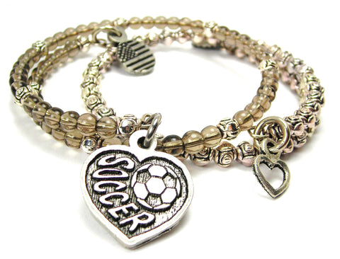 Soccer Heart With Word Soccer And Soccer Ball Delicate Glass And Roses Wrap Bracelet Set
