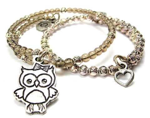 Cute Owl With Bow Delicate Glass And Roses Wrap Bracelet Set