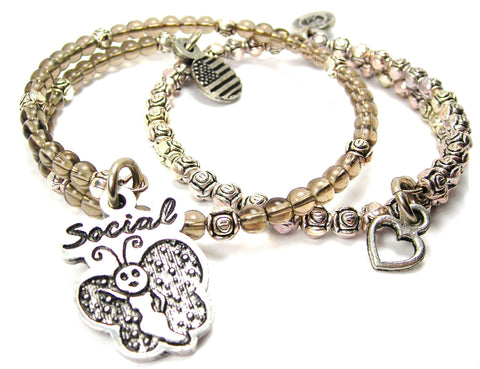 Social Butterfly Delicate Glass And Roses Wrap Bracelet Set