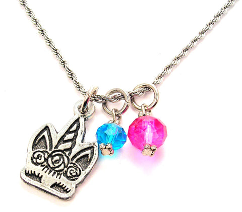 Shy Unicorn With Flowered Hair Charm Necklace