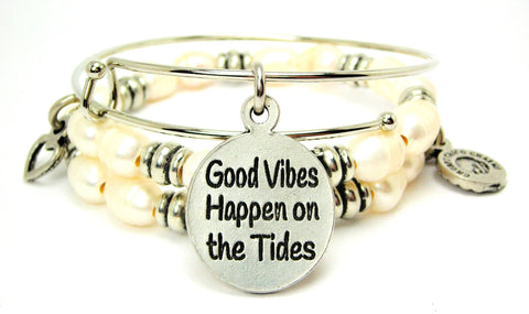 Good Vibes Happen On The Tides Natural Fresh Water Pearls Expandable Bangle Bracelet Set