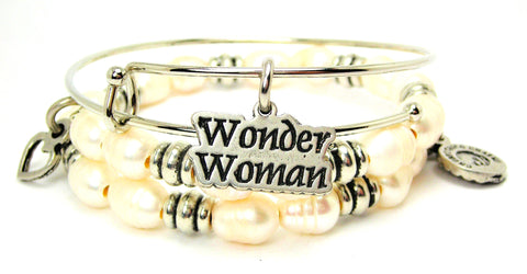 Wonder Woman Natural Fresh Water Pearls Expandable Bangle Bracelet Set