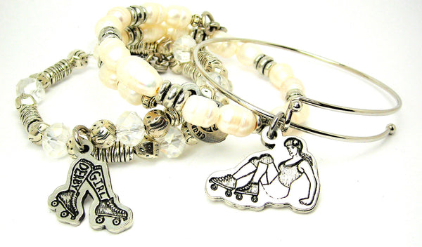 Roller Derby Girl 3 piece pearls, metal, and crystal collection of bangles