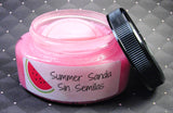 Summer sandia sin semillas body sugar scrub with a watermelon wedge soap embed part of our Latina line